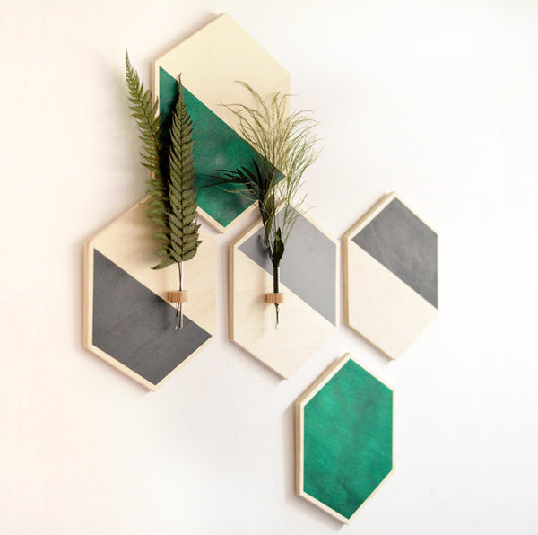 Hexágonos de madera para pared decorativos en verde y gris